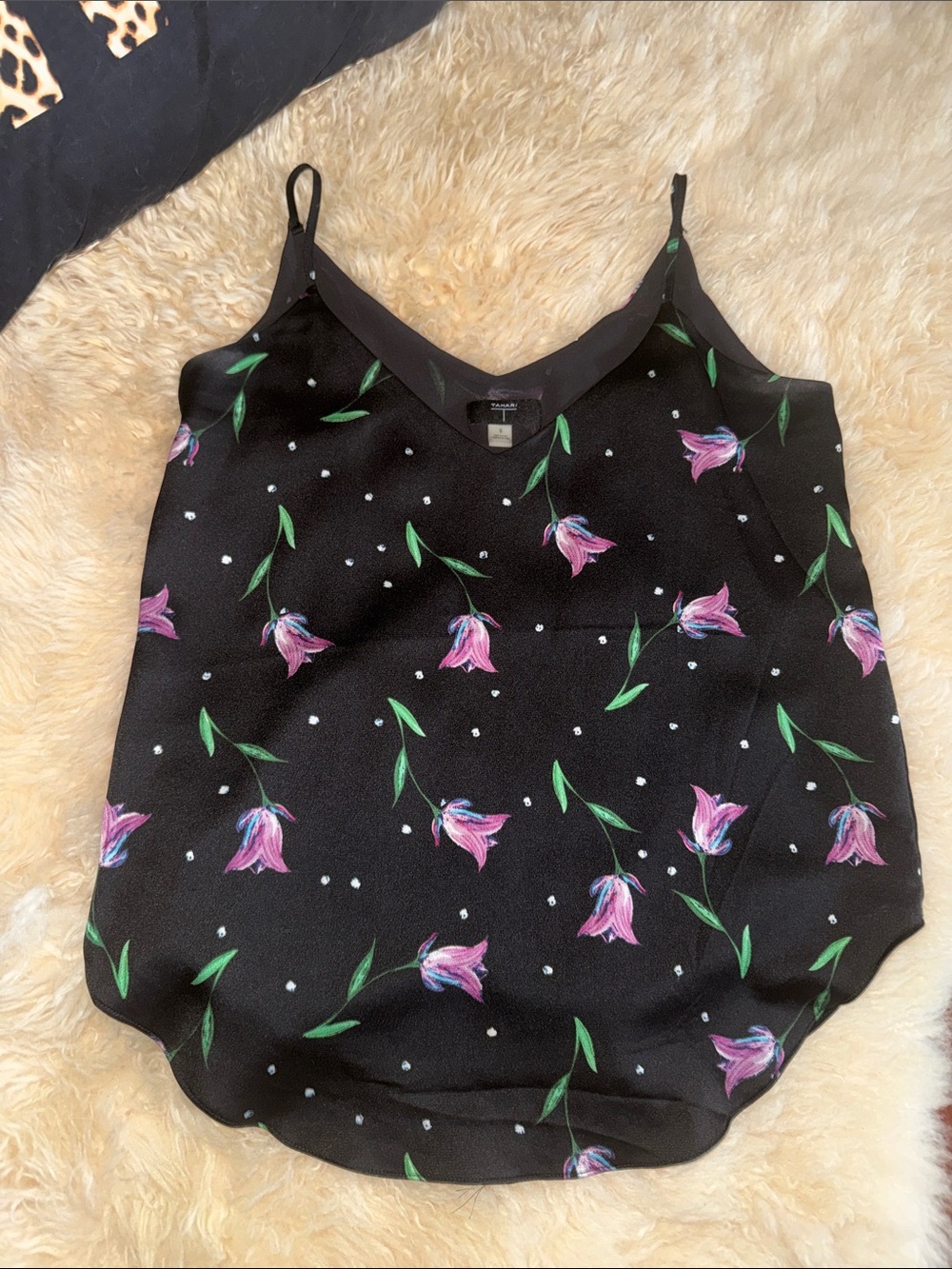 Tahari Floral Satin V-Neck Cami Tank Top - Black with Pink Floral Small NWOT